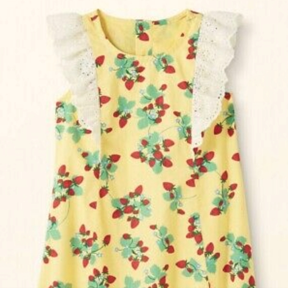 Hanna Andersson yellow dress, strawberry print, white eyelet ruffle 110cm, 5